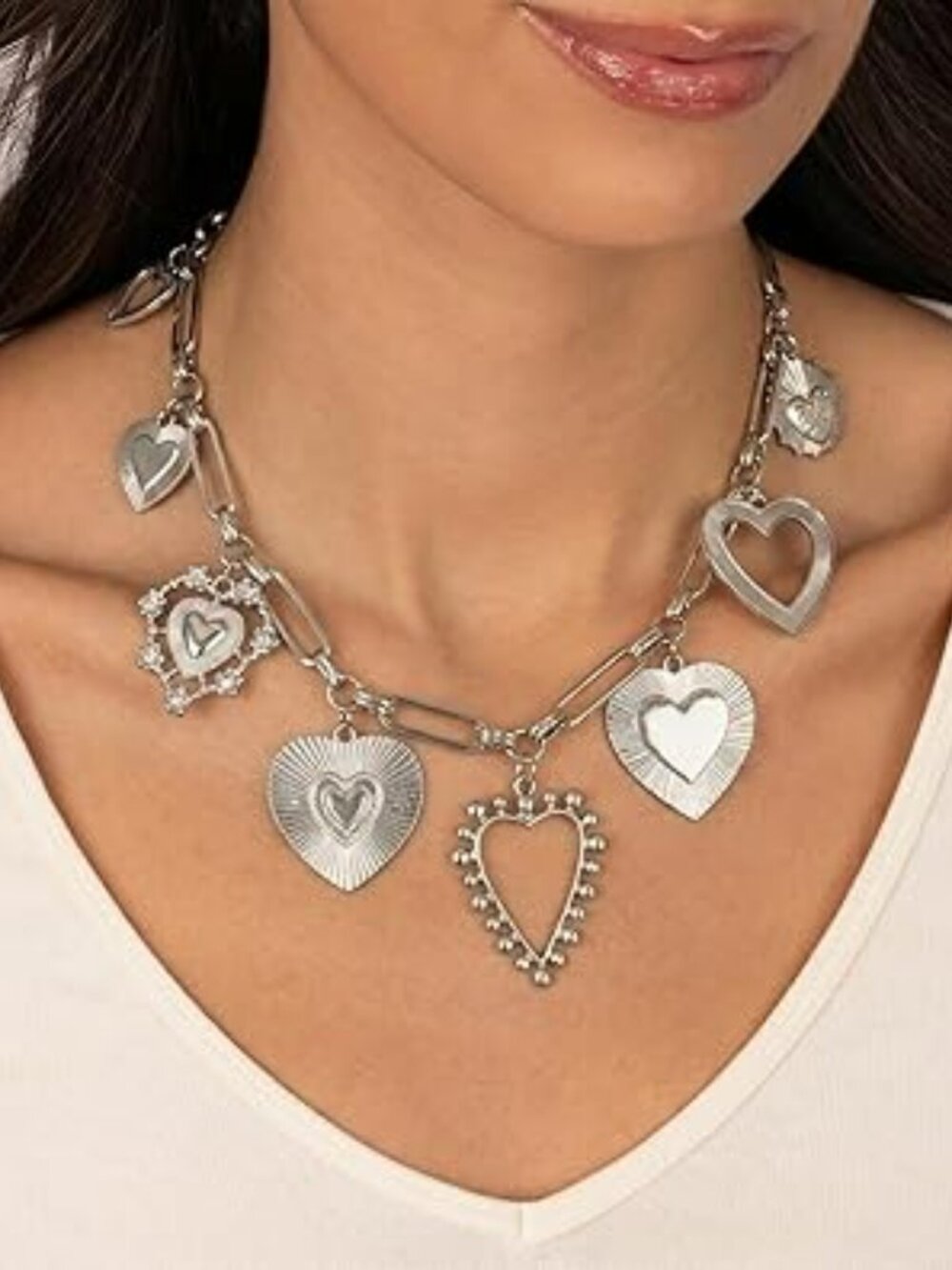 NEW Silver Tone Necklace Stacked Statement Layered Pendant Cuban Chunky Fashion